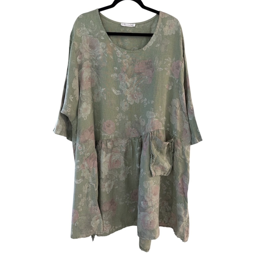 Miss Rose Sister Violet Women OSFM Italian Linen Floral Tunic Dress Sage Green